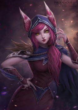 rarts:  Pretty bird girl Xayah: League of Legends (LOL) game drawing  [Artist: Phoenixous]