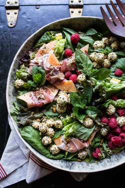 do-not-touch-my-food:  Basil Salad with Prosciutto Wrapped Melon and Toasted Seed Rolled Goat Cheese