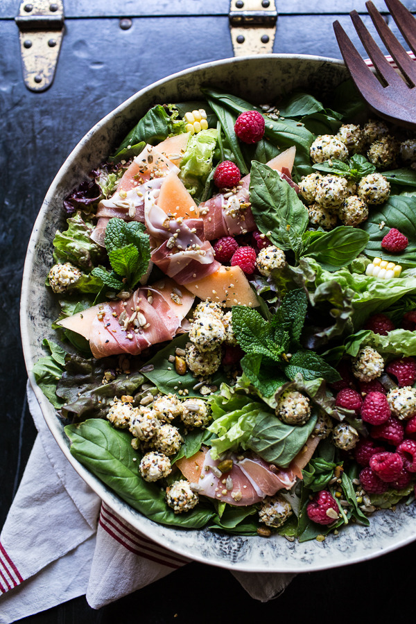 hoardingrecipes:Fresh Basil Salad with Prosciutto Wrapped Melon and Toasted Seed