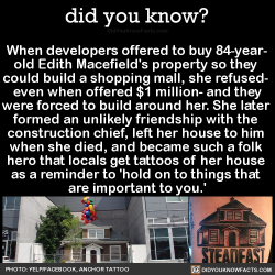 did-you-kno: When developers offered to buy 84-year- old Edith Macefield’s property so they  could build a shopping mall, she refused-  even when offered ũ million- and they were forced to build around her. She later  formed an unlikely friendship