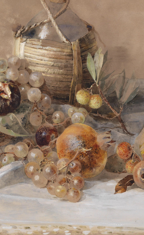 inividia:Still-life with Fruit and Bottle of Chianti (detail) by Marie Egner  (Austrian painter,1850