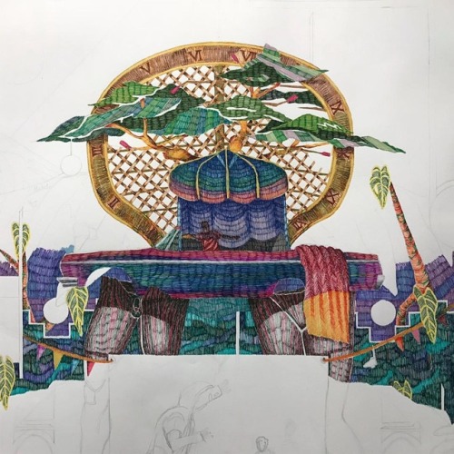Detail of a large drawing in progress. Sundialed peacock-wicker chair, tree tented, flip flop Chevy 