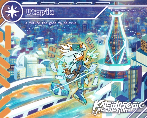 Silver the Hedgehog is carrying packages using psychokinesis and smiling over his shoulder towards the camera while floating above a shining white city with a space elevator and clear water dock. Silver is wearing a blue postmans outfit.