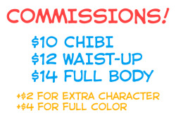 angeban:  Hello everyone! Not getting a lot of hours at work so I thought I’d try opening up commissions! DETAILS Pieces will be done in 2-3 colors unless you want full color (which is 4 dollars extra). All prices are in USD. I can draw pretty much