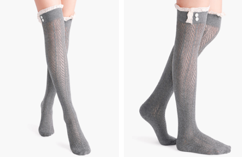 pinkuqu:Dark Grey Lace Trim Textured Over The Knee Socks