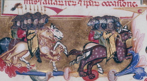 medievalpoc: Anonymous Italian Illuminator Horsemen and Boatmen Italy (1321) Illumination on Parchme