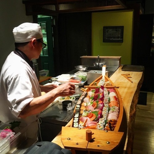 Chef Jun prepares a double Sakura Sushi Boat for our guests. #sashimi #chef #japanesefood #sushi #su