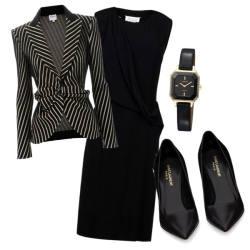 work attire by dyandraajeng featuring black mid heelsMaison Martin Margiela zip dress / Armani Colle
