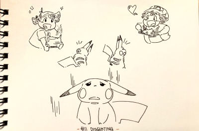 davinaarts:Inktober Day 11: Disgusting~Poor Pikachu, has to try all of Gou and Ash