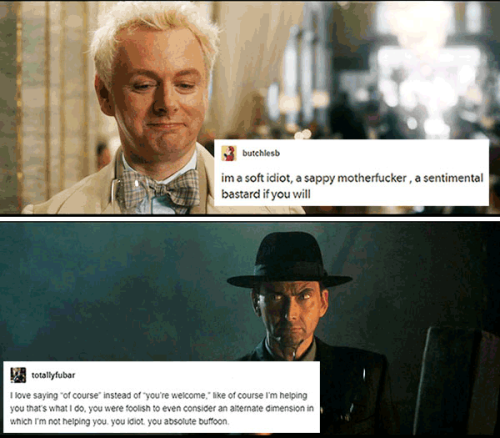 livebloggingmydescentintomadness:good omens text post meme, part 3 (part 1) (part 2)