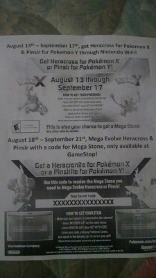 haarauchiha:  I guess I’m sharing Pokemon info today. But I asked to make sure about this. My friend at GameStop printed out his info and gave it to me. So Aug. 18th - Sep. 21st you can go to gamestop and get the code for the mega stone. You have to