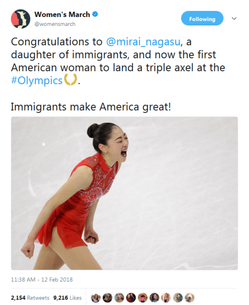 “Congratulations to @mirai_nagasu, a daughter of immigrants, and now the first American woman to lan