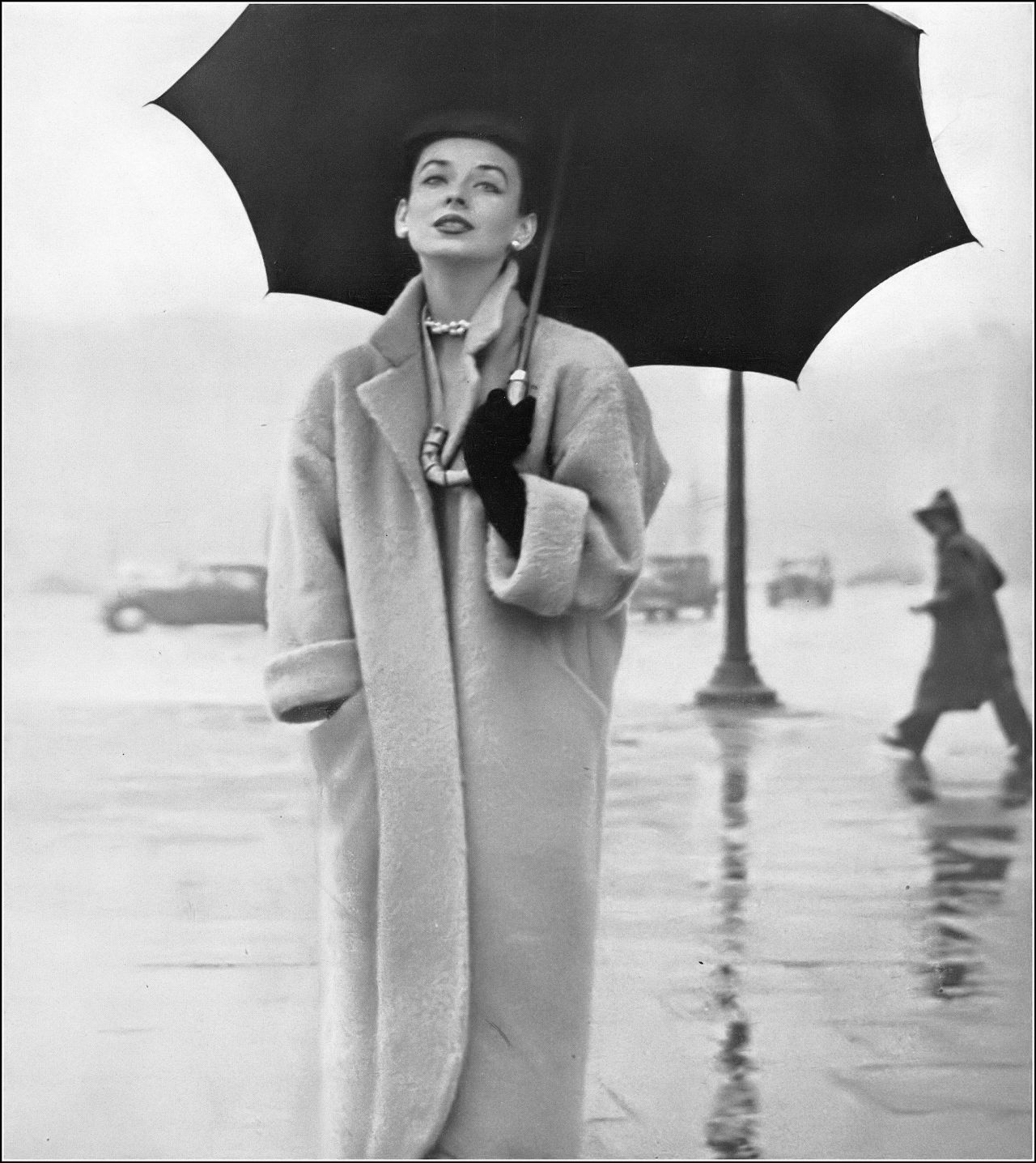 Chic in Silk — Dorian Leigh wearing coat by Cristobal Balenciaga....