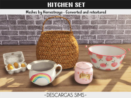 Kitchen Set5 items:- Washbowl (10 swatches)- Watercolor Pot (10 swatches)- Large Basket (10 swatches