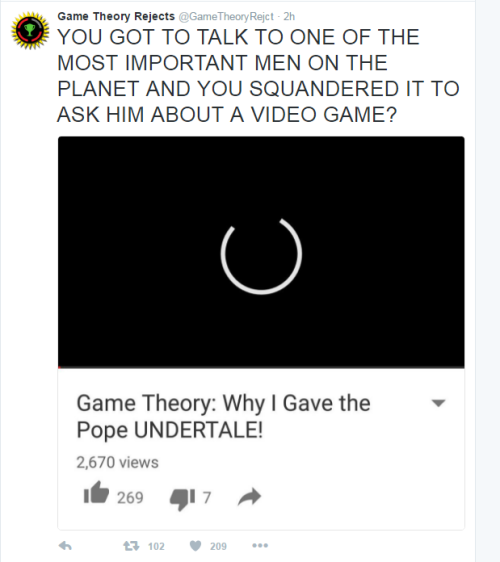 green-gg: the Game Theory Rejects twitter upon the discovery that Matpat gave a copy of Undertale to