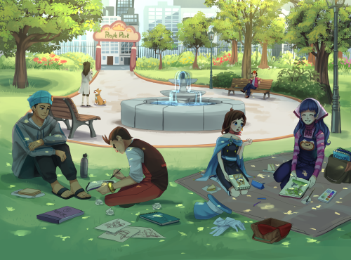 my full spread for A New Trial Zine Is In Session!, an AA4 zine a relaxing day at People Park 