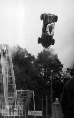 Stuntman &lsquo;Frankony&rsquo; performs an aerial somersault at the Dyrehavsbakken, or Bakken (The Hill), amusement park in Denmark.