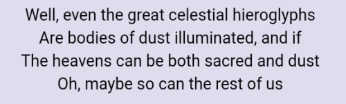 Black text on a light background. It reads "well, even the great celestial hieroglyphs are bodies of dust illuminated, and if the heavens can be both sacred and dust, oh maybe so can the rest of us"