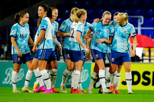 Frida Maanum of Norway celebrates with teammates after scoring a goal during the UEFA Women’s 