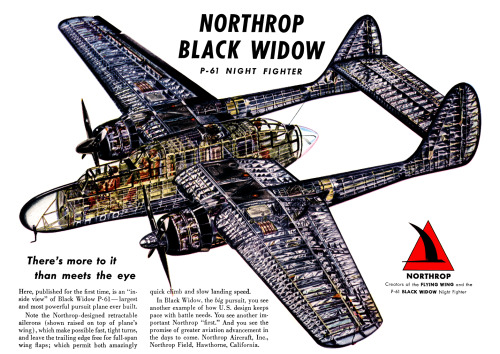 A 1945 advertisement for the Northrop P-61 Black Widow, developed by the Northrop Corporation for th