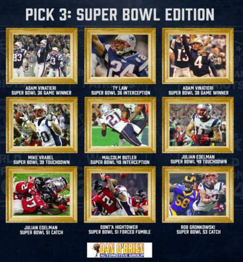 Patriots played a version of “You Can Only Pick 3” Wednesday; iconic Super Bowl plays. Which three could you not live without? The answer is all, obviously. But if I really had to just pick three it would be 1-5-7 here. It begins with Vnatieri’s GWFG...