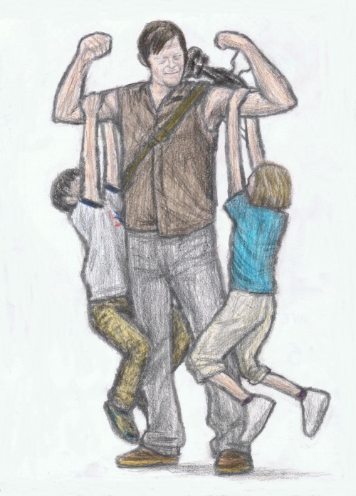 Carl and Sophia hanging on Daryl’s arms