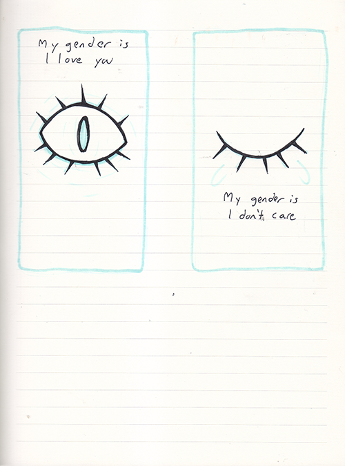 vagrats:  “my gender is a triangle”; 3am gender journals/comics… if my work resonates with you i encourage you to take some time to reflect/create your own work relating to your identity that expresses your own experiences and feelings in your own