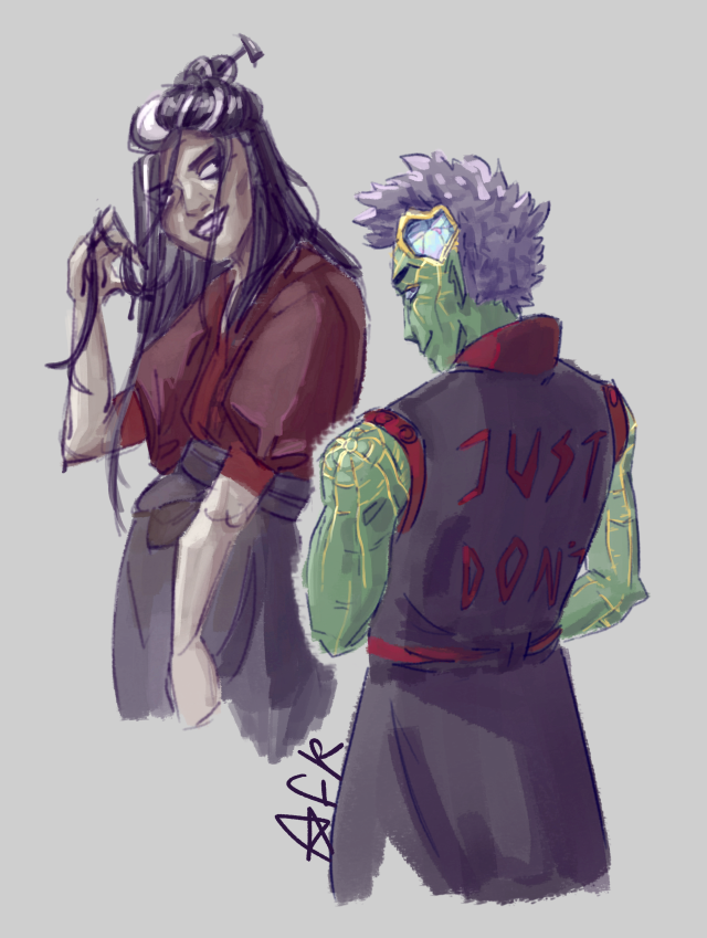 [ID: Digital sketches of Laudna and Ashton from critical role campaign 3. They are drawn from the hips up on a grey background, with Ashton's back to us so we can see "Just Don't" written on their jacket. End ID]