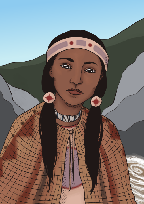 quakgrass: [image description: a digital drawing of an indigenous woman from the elbows up. she has 
