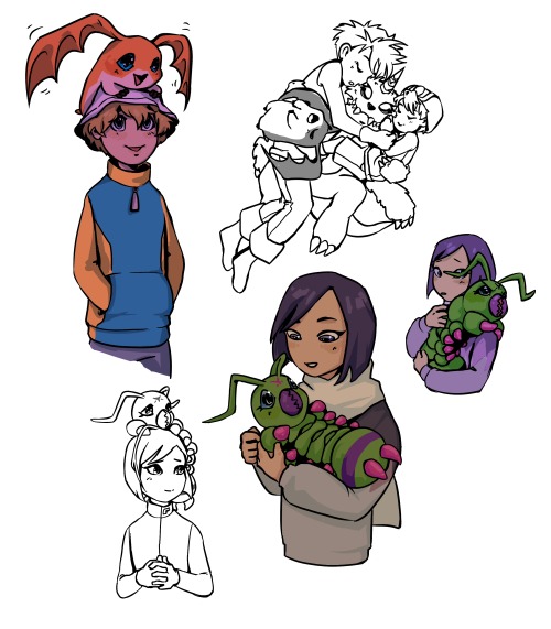 achairwithapandaonit:some digimon doodles. I might colour the lineart ones at some point but who kno