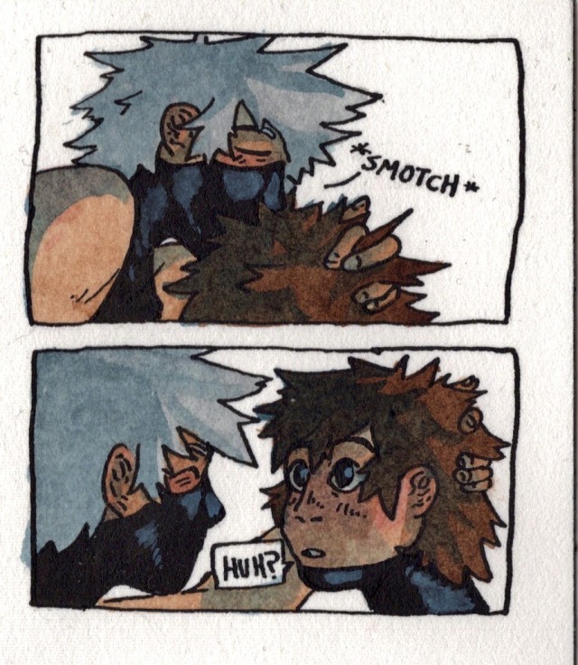 Two panel ink and watercolor comic. In the first one, Kakashi knits a hand in Yamato's hair, and leans down to kiss him on the forehead. Sound effect text reads "Smotch!" Kakashi's eyes are closed, and his expression is soft. In the second panel, Yamato has raised his head, and is looking at Kakashi in surprise, with his eyes wide and soft, cheeks a little pink. "Huh?" He asks. Kakashi's hand is still embedded in his hair at the back of his head, and beneath his mask, Kakashi is grinning a little mischeivously. His own face and ears are slightly flushed.