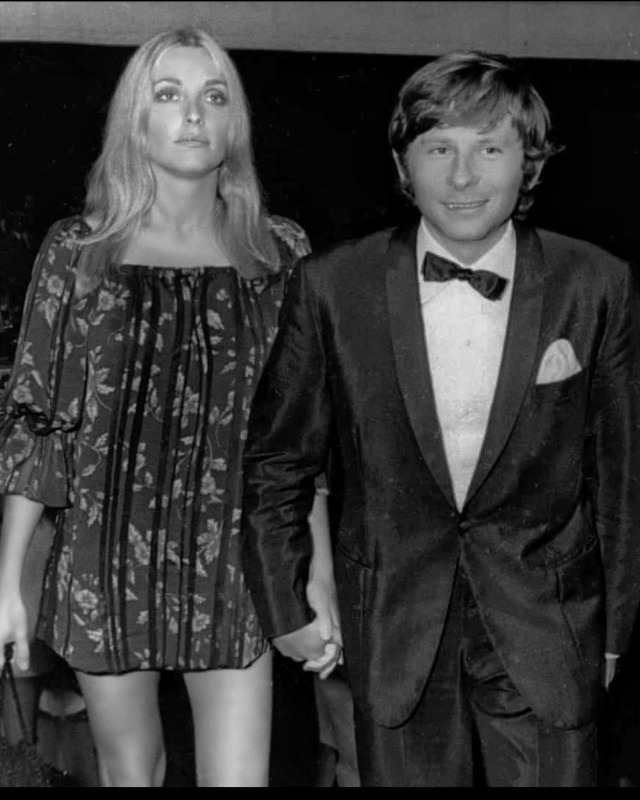 Sharon Tate and Roman Polanski attend a screening of 'Black Jesus' at the 1968 Cannes Film Festival. Her black chiffon dress 