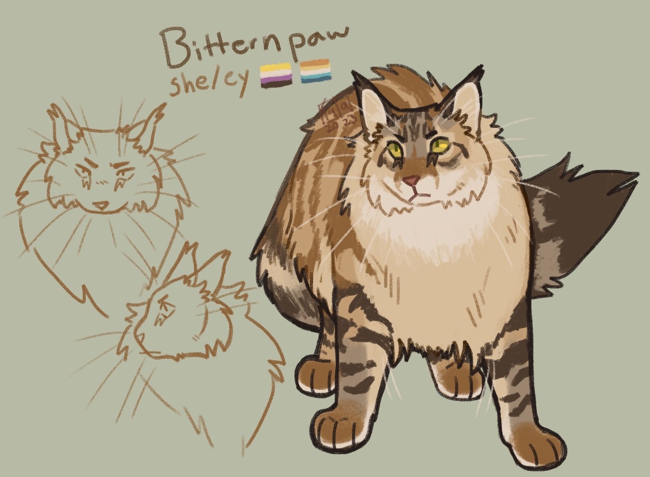 Digital artwork of a cat character. Her name is Brindlepaw, she uses she/her and ey/em pronouns, and she's nonbinary and aroace. She's a golden cat with dense long fur, and darker golden classic tabby stripes that turn darker grey on her limbs, tail, and face. Her resting facial expression is unhappy and peeved, simmering with discontent.