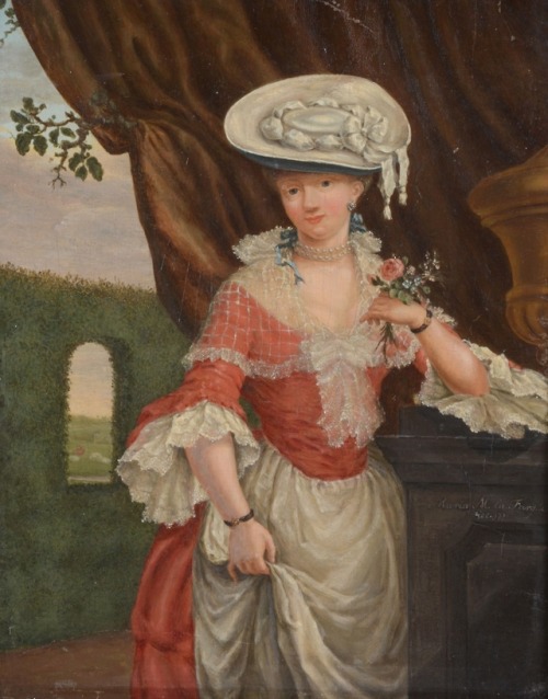 Maria Margaretha La FarguePortrait of a young lady standing by a garden ornament, said to be a portr