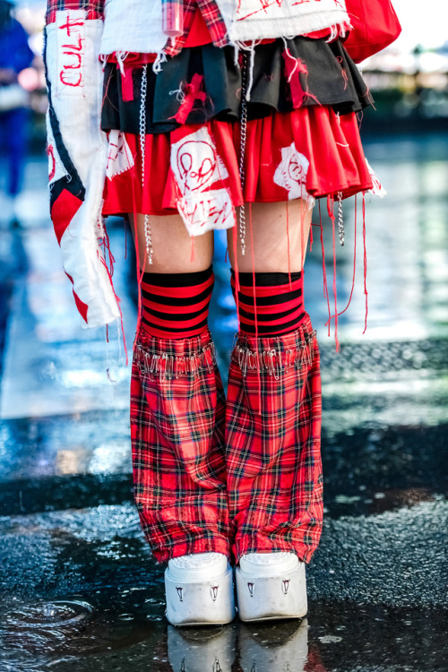 Japanese designer Yukachin on the street in Harajuku wearing a handmade punk and gothic inspired sty