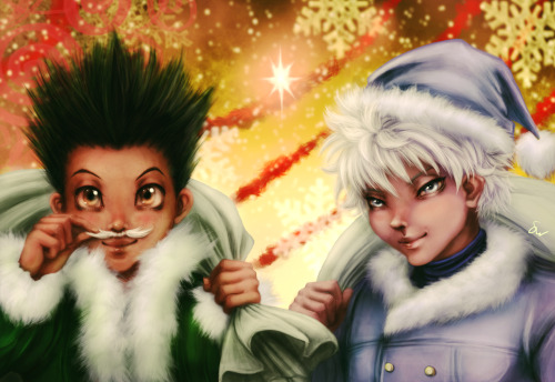 Gon and Killua Holiday painting. Based off of card-artwork from Hunter x Hunter 2011!Happy Holidays!