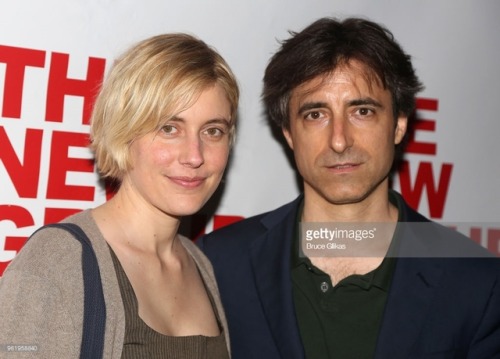 Greta Gerwig and Noah Baumbach pose at the opening night after party for The New Group Theater&rsquo