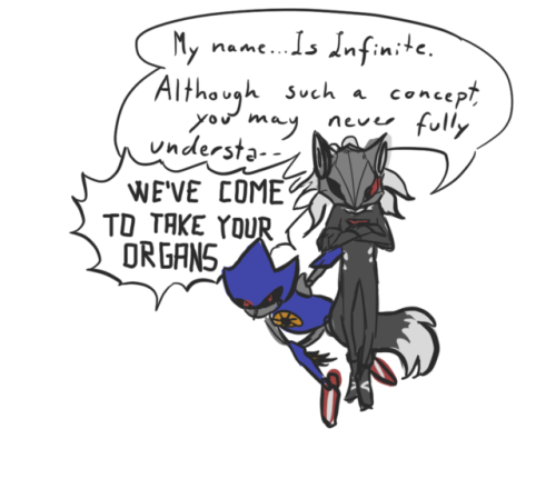 bird-inatrashcan: Stoic Jackal Edgelord tries to be Cool; sabotaged by Murderous Roomba w a Knife, more news at seven We were talking about which teams might appear in Team Sonic Racing and Sketcher was like, maybe there’s a bad guy team. Imagine these