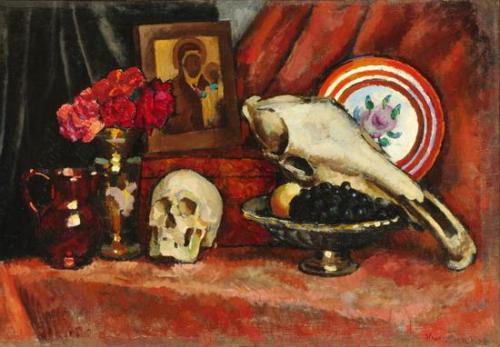 ilya-mashkov: Still Life with Skull, 1910, Ilya MashkovMedium: oil,canvas