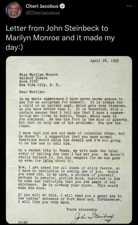 whitepeopletwitter:A letter from John Steinbeck to Marilyn Monroe