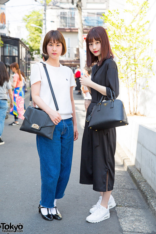 18-year-old Japanese students Kanako and Alisa on the street in Harajuku. Kanako is wearing resale R