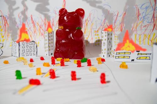 stunningpicture:  So my friend received a 5lb gummi bear as a gift. Naturally, this is what he did with it… 