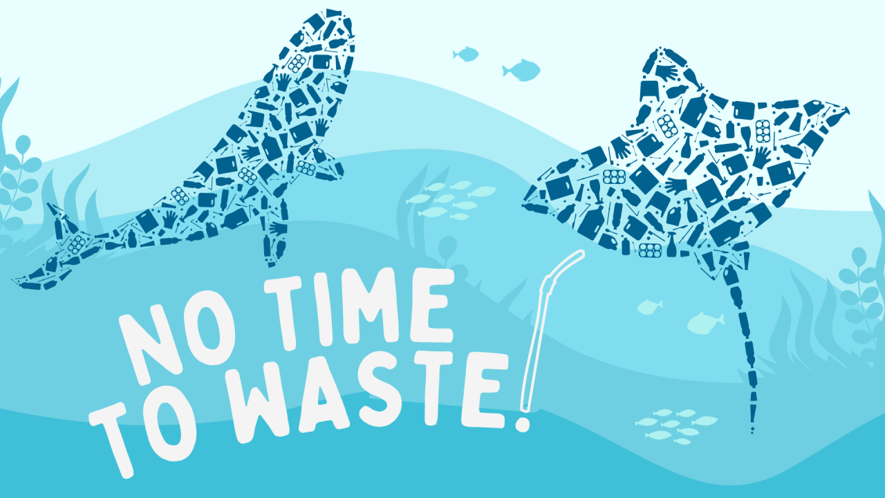 Illustrations of a silhouettes of a whale and a bat ray filled with plastic trash contrast against an underwater backdrop in various shades of blue. In the bottom left corner, text reads 'NO TIME TO WASTE'.