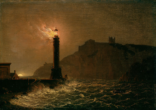 marinepaintings:A Lighthouse on Fire at Night by Joseph Wright of Derby (1734–1797)