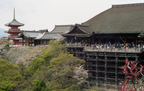 Le complexe du Kiyomizu-dera vu de la pagode Koyasu-no-to. Le bâtiment principal ou Hondo est souten