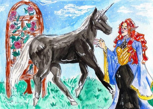 Birthday gift for my guardian!#horse #fantasy #elf #unicorn #roses #traditionalart #gouache #color