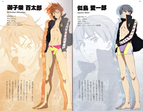 sunyshore:  Scans of original new art from the new Free! Eternal Summer Guidebook, on sale today! There is much more inside, including detailed character designs and genga/douga from the first episode. Sorry I am not very good at scanning books like this,