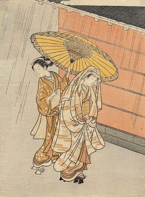 disease:TWO BEAUTIES WALKING IN THE RAINSUZUKI HARUNOBU 鈴木 春信 // c. 1765-70[woodblock print (egoyomi