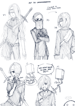 scribblingsky:  Nier Automata just won the award for best game music~ To celebrate, I made a few sketches for a yoi and nier automata crossover~ Btw, Victor’s uniform is based off Eros and 2B’s outfit. Yuuri’s “ Vicchan” is from one of the