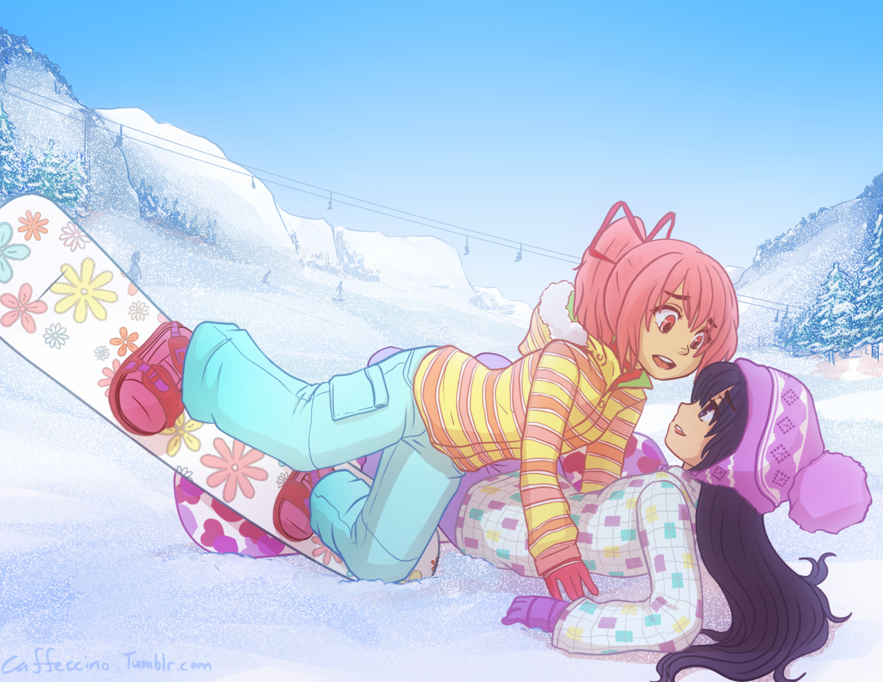 caffeccino:  A commission for thekusabi featuring the outfits from the new snowboarding